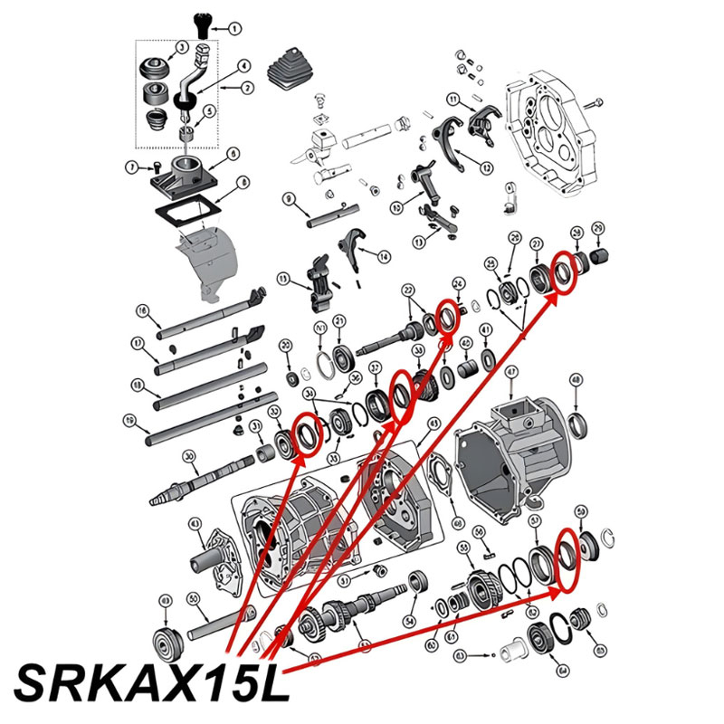 Synchronring Set AX15 Schaltgetriebe Jeep Cherokee XJ Wrangler YJ TJ Grand Cherokee ZJ  (90-99), Explosionszeichnung die mit roten Pfeilen alle Ringe am Schaltgetriebe zeigt.