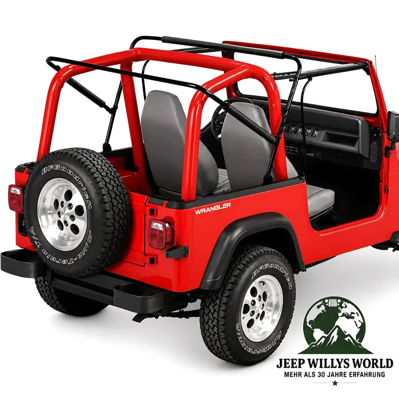 Rahmen von Bestop Supertop getönte Scheiben Black Denim Bestop Jeep CJ7 Wrangler YJ (76-95), montiert, Nahansicht.