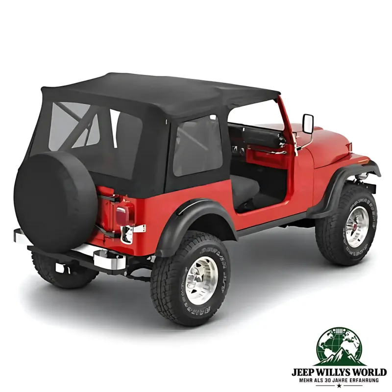 Bestop Supertop Softtop mit klaren Scheiben in Black Denim Jeep CJ7 Wrangler YJ (1976-1995), montiert.