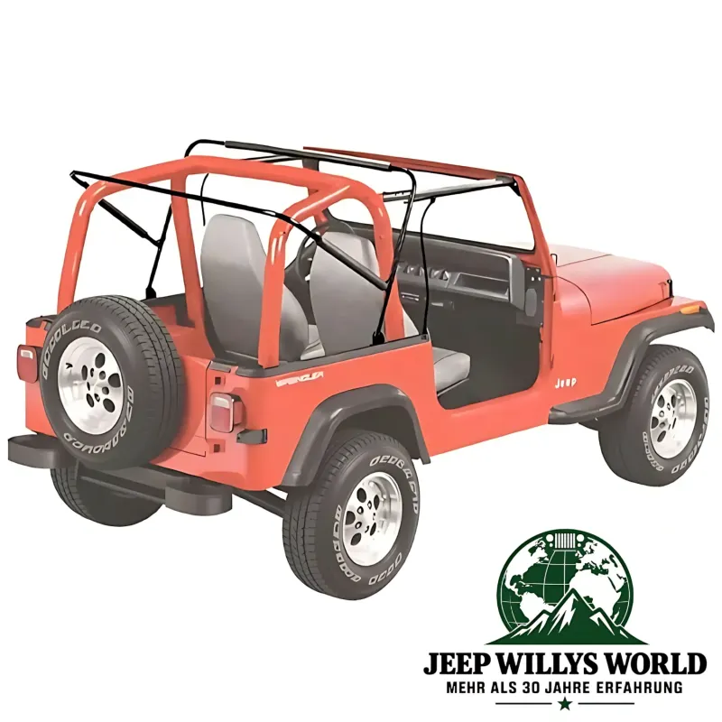 Rahmen von Bestop Supertop Softtop mit klaren Scheiben Black Crush. Jeep CJ7, Wrangler YJ (1976-1995) am Fahrzeug.