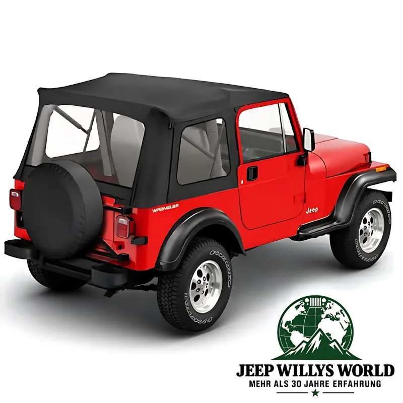 Bestop Supertop Softtop mit klaren Scheiben Black Crush. Jeep CJ7, Wrangler YJ (1976-1995) am Fahrzeug.