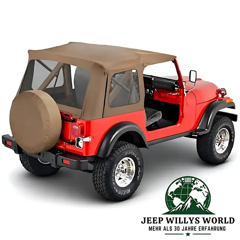 Bestop Supertop Softtop mit klaren Scheiben Spice Denim für Jeep CJ7, Wrangler YJ (1980-1995) am Fahrzeug.