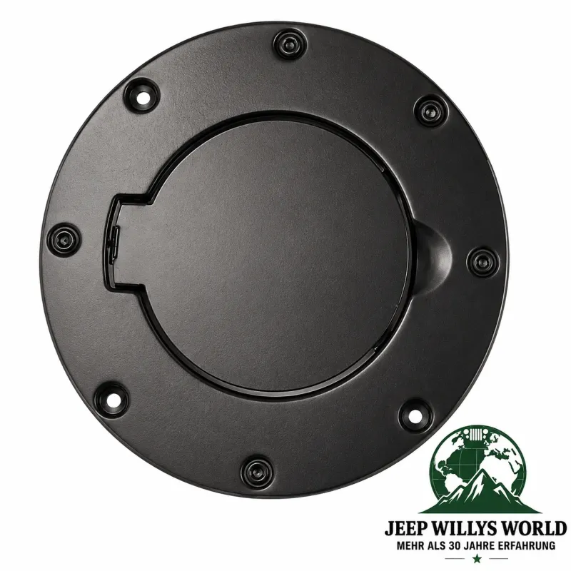 Rugged Ridge black powder-coated steel gas hatch fuel filler neck cover. Jeep Wrangler TJ (1996-2006)