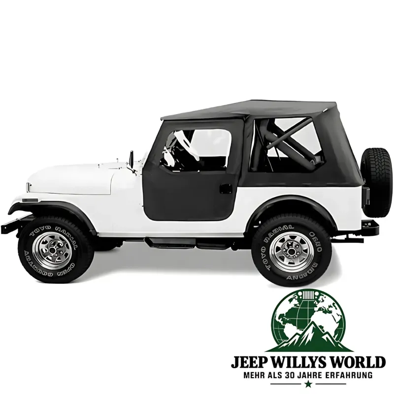 Bestop Tigertop Verdeck mit einteiligen Türen in Black Crush (strukturierts Kunstleder) für Jeep CJ7 (1976-1986) montiert.
