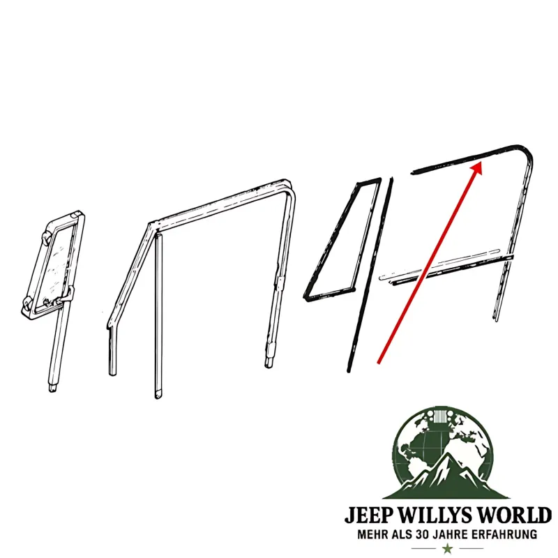 Technische Zeichnung von Türdichtung Fensterführung hinten für Jeep CJ7 CJ8, Wrangler YJ (1976-1995) an der Tür.