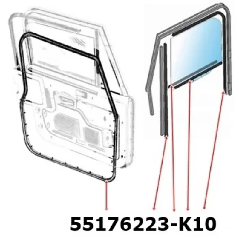 Fairchild Türdichtungen Komplett-Satz 10-teilig Türdichtgummi, Abstreifer, Fensterführung rechts und links. Jeep CJ7 CJ8, Wrangler YJ (1976-1995), technische Zeichnung die die Dichtungen an der Tür aufzeigt