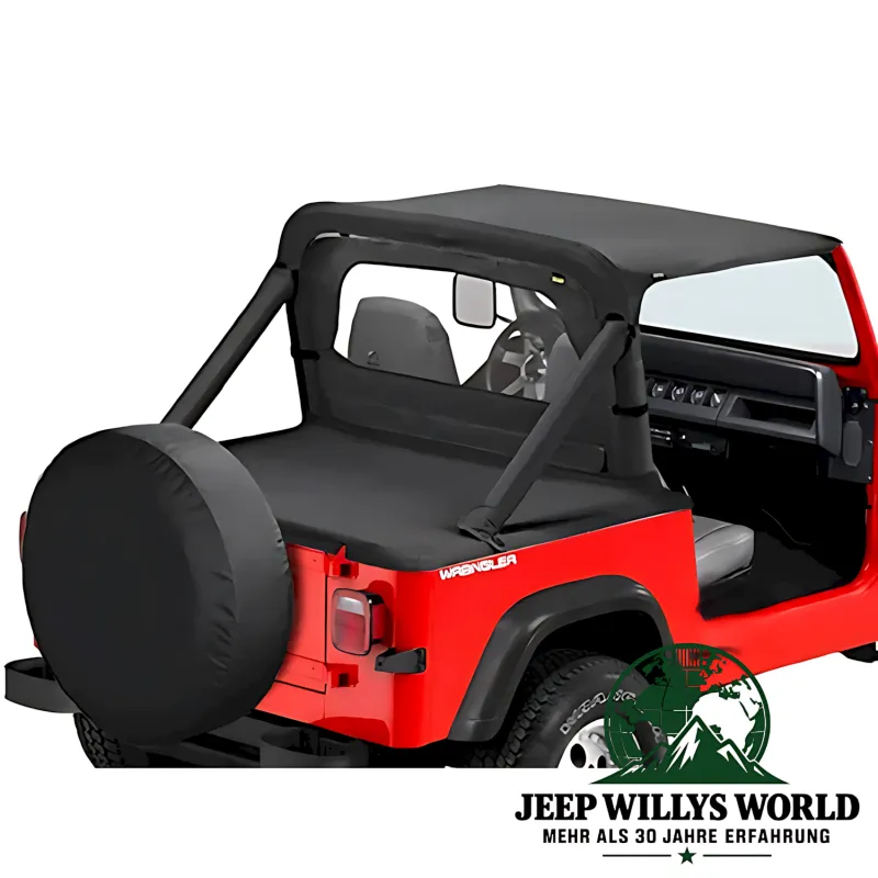 Bestop Windjammer Black Denim, Vinyl Jeep CJ5 CJ7 CJ8, Wrangler YJ (80-95) montiert mit Bikini Top & Duster Heckabdeckung.