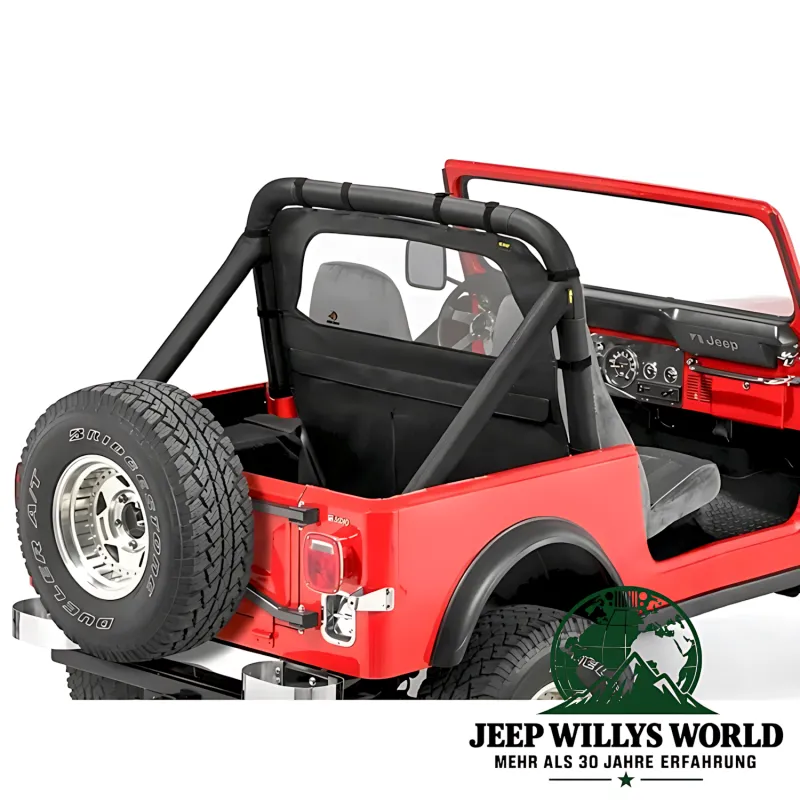 Bestop Windjammer, Windschott Black Denim, schwarzes Vinyl (strukturiert). Jeep CJ5 CJ7 CJ8, Wrangler YJ (80-95) montiert.