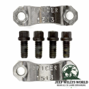 Kardan Bügel Kit Kreuzgelenk Kardanwelle vorne oder hinten Jeep CJ Wrangler Grand Cherokee Commanche 74-06, 2 Bügel und 4 Sechskantschrauben von oben abgebildet.