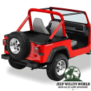 Duster Heckabdeckung Black Crush Jeep CJ7, Wrangler YJ (80-91), von hinten rechts am Fahrzeug montiert.
