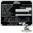 Typenschild Plakete Zinkfarbig Armaturenbrett Fahrzeug Identifikationsnummer Ford GPW (01.1944-07.1944)