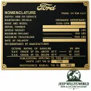 Typenschild Plakete Messingfarbig Armaturenbrett Fahrzeug Identifikationsnummer Ford GPW (01.1944-07.1944)