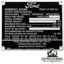 Typenschild Plakete Armaturenbrett Fahrzeug Identifikationsnummer Ford GPW (07.1944-06.1945)