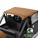 Nahaufnahme von Bestop Bikini Top Traditional Style Tan Denim Jeep CJ7 CJ8 Wrangler YJ (76-91), montiert.