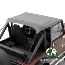 Bestop Bikini Top Traditional Style Charcoal Denim Jeep CJ7 CJ8 Wrangler YJ (76-91), montiert, Nahansicht.