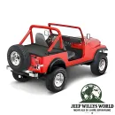 Duster Deck Cover Heckabdeckung Black Crush Supertop Jeep CJ7, Wrangler YJ (80-91), montiert auf einem roten Jeep ohne Top.