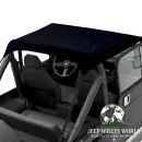 Nahaufnahme von Bestop Traditional Style Bikini Top Black Crush, schwarzes Kunstleder. Jeep CJ7 CJ8, Wrangler YJ (1976-1991).