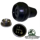 Shift Knob Kit T4 T176 T177 Transmission Jeep CJ / SJ / Cherokee XJ (80-86), full scope of delivery pictured (Shift Knob, Shift Pattern Insert, Nut).