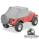 Trail Cab Cover Water Resistant Vinyl All Weather Pavement Ends Bestop Grey Jeep CJ7, YJ (76-91), mounted.