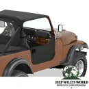 Lower Half Fabric Half Doors Bestop Soft Top Black Denim with Paddle-Style Door Handle Jeep CJ7 (76-80), mounted with matching Bikini Top, Windjammer and Duster Deck Cover, Close-up.