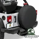 Bestop Tire Cover Black Denim 33inch Jeep CJ 5, CJ7, CJ8, Wrangler YJ, TJ, JK (55-18), mounted.