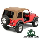 Bestop Supertop Softtop mit getönten Scheiben Spice Denim für Jeep CJ7, Wrangler YJ (1976-1995) montiert am Fahrzeug.