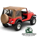 Bestop Soft Supertop mit klaren Scheiben, Tan Denim (braunes Vinyl) für Jeep CJ7, Wrangler YJ (1976-1995) am Fahrzeug.