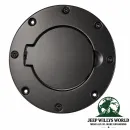 Rugged Ridge black powder-coated steel gas hatch fuel filler neck cover. Jeep Wrangler TJ (1996-2006)