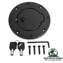 RT Off-Road Gas Hatch Fuel Cover Filler Neck Protector Aluminum Black Jeep Wrangler TJ (1996-2006)