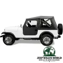 Bestop Tigertop Verdeck mit einteiligen Türen in Black Crush (strukturierts Kunstleder) für Jeep CJ7 (1976-1986) montiert.